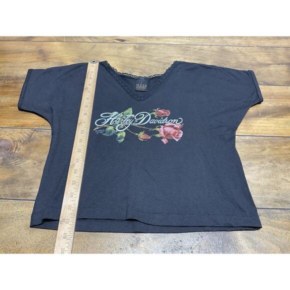 Vtg Harley Davidson 3D Emblem Womens V-Neck Lace Biker Crop Shirt Size Small - Picture 5 of 9